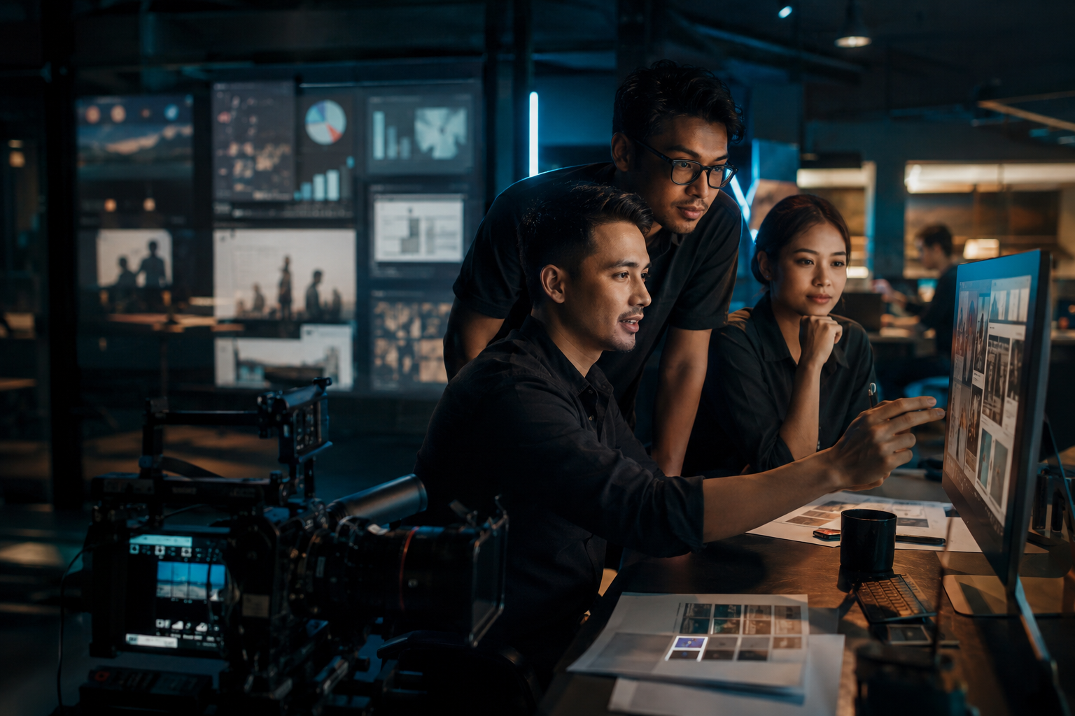 A digital marketing team coordinating website, campaign and video production