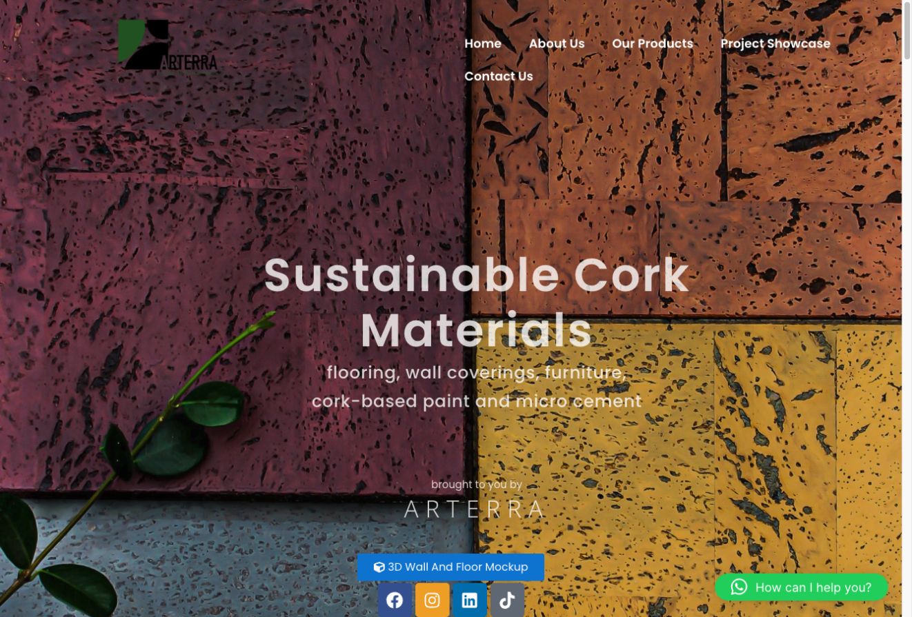 Arterra cork and sustainable materials website homepage